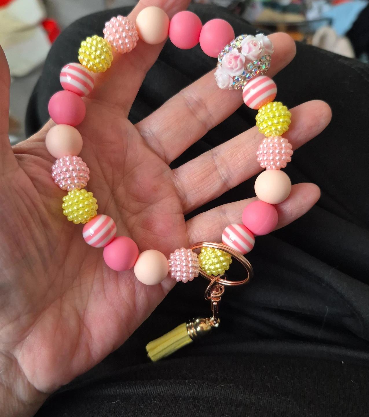 Beaded Bracelet Keychain - Pink, Yellow, White