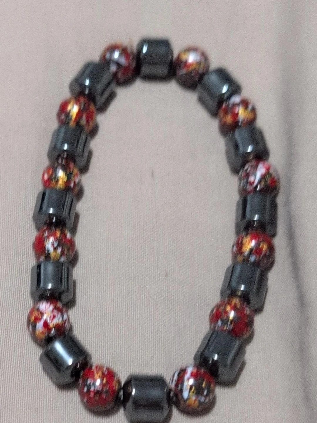 Beaded Bracelet - Hematite & Red Patterned Beads