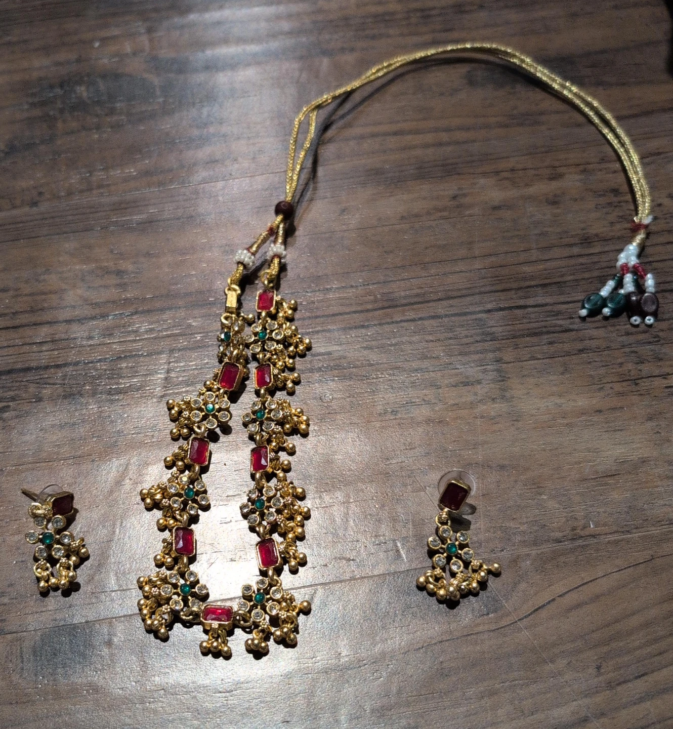 Gold-tone Necklace and Earrings Set with Red and Green Stones