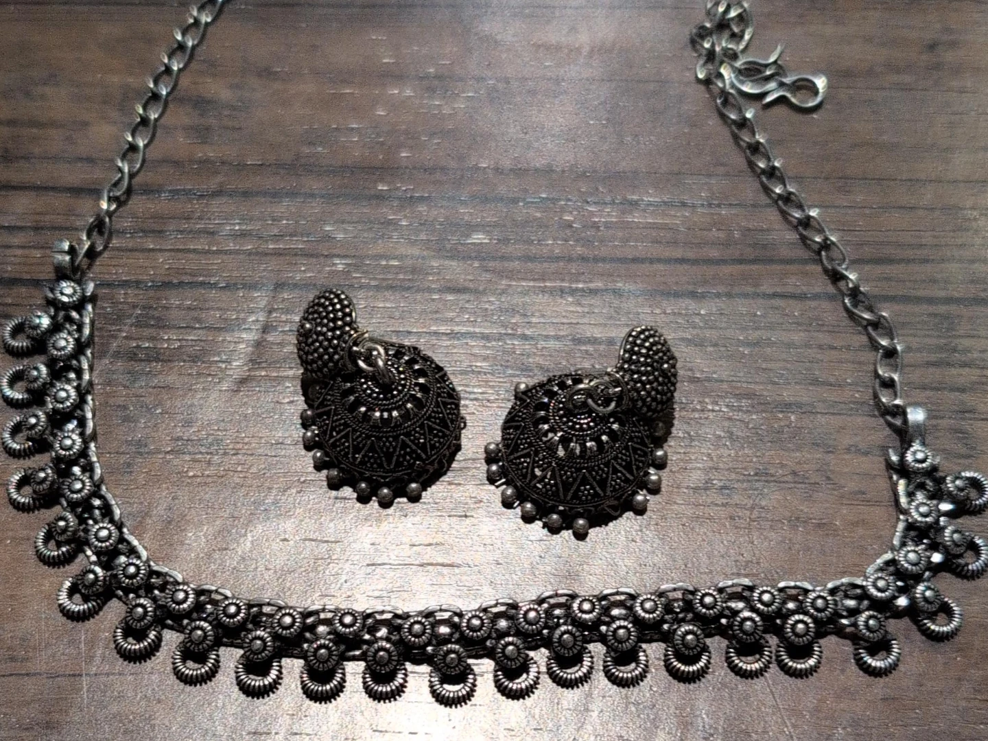 Silver Tone Jhumka Earrings and Choker Necklace Set