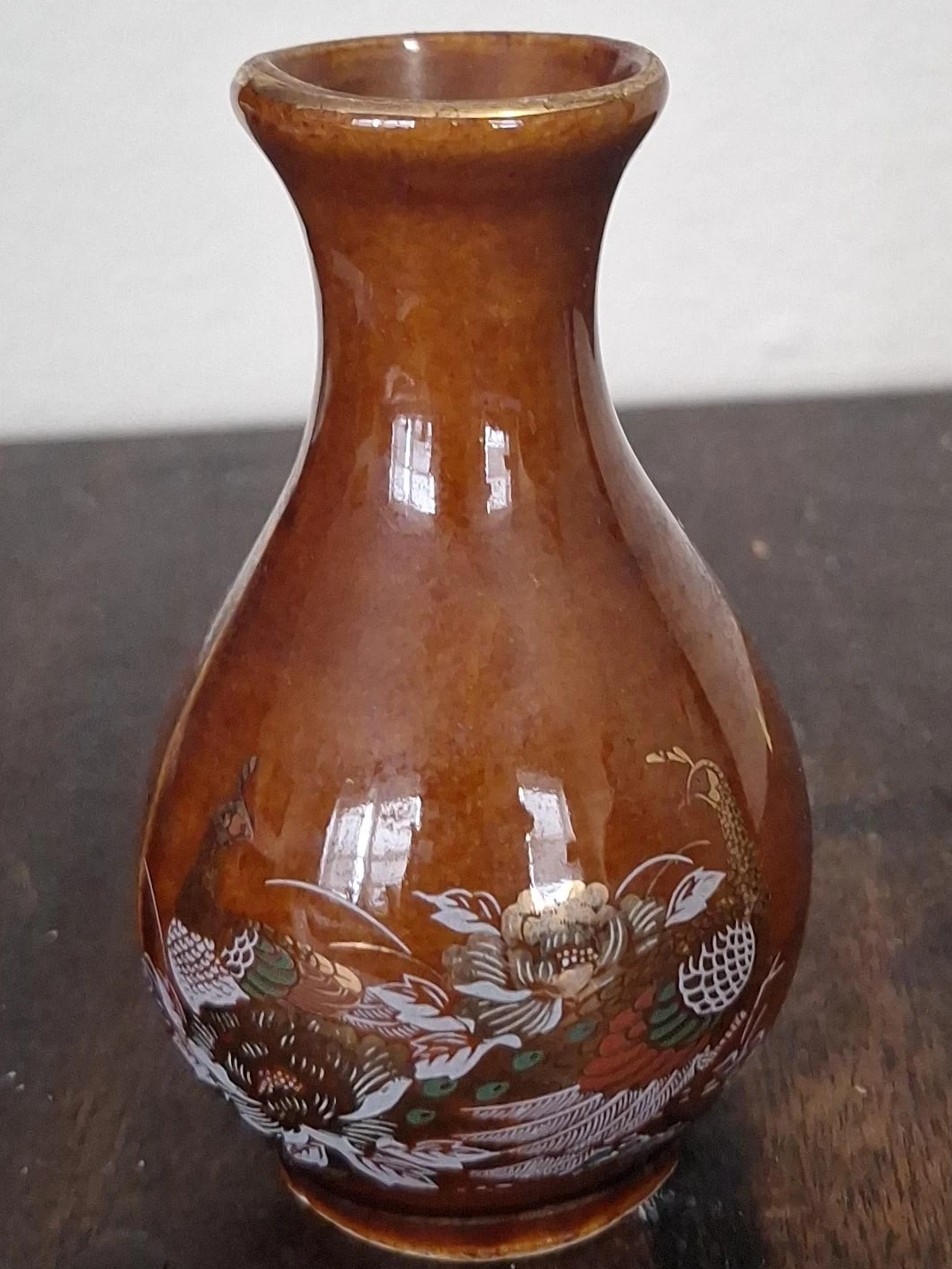 Brown Decorative Vase with Peacock Design
