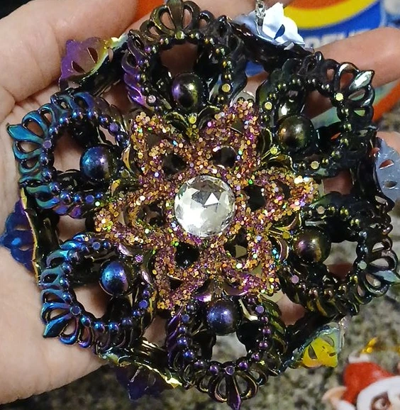 Ornate Mandala-style Brooch with Rhinestones and Glitter
