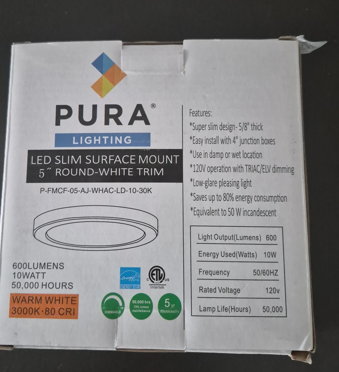 PURA Lighting LED Slim Surface Mount 5" Round Light - White Trim