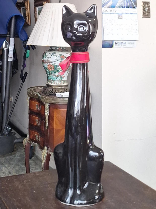 Black Ceramic Cat Decanter with Red Ribbon