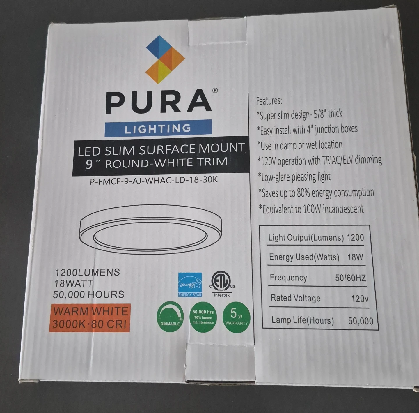 Pura Lighting LED Slim Surface Mount 9" Round Light Fixture
