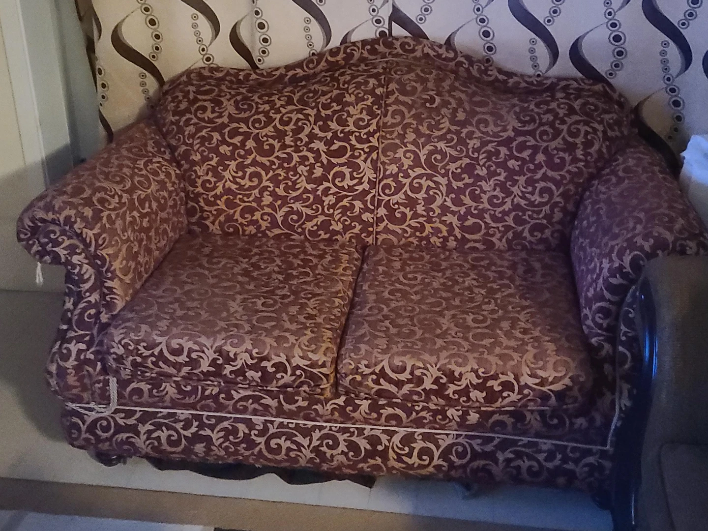 Sofa - Burgundy and Gold Damask Pattern