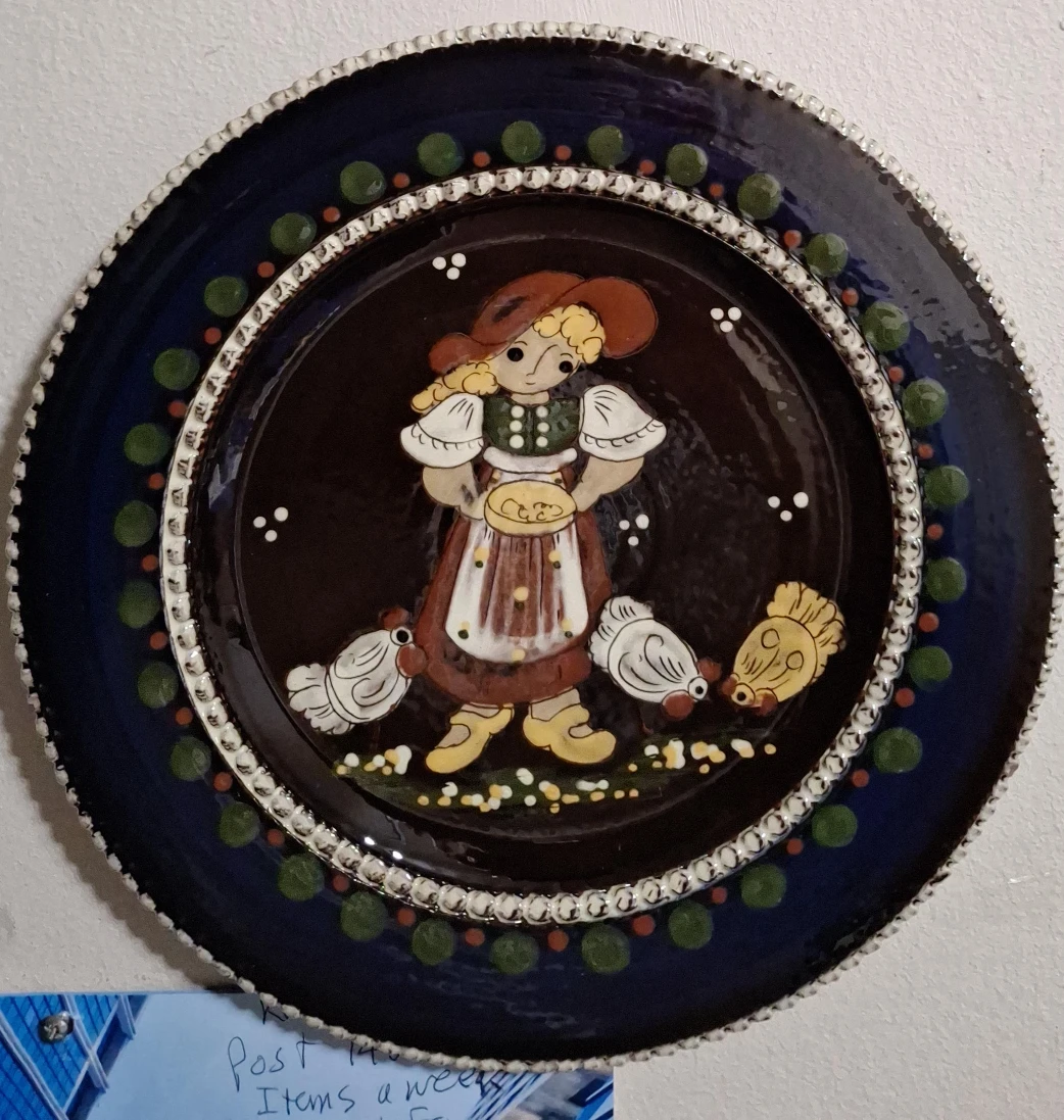 Vintage Decorative Plate with Girl and Chickens