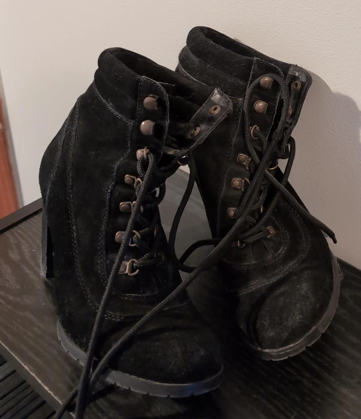 Black Lace-Up Heeled Ankle Boots