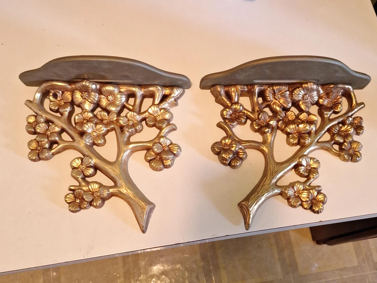 Set of 2 Gold Floral Tree Wall Shelves