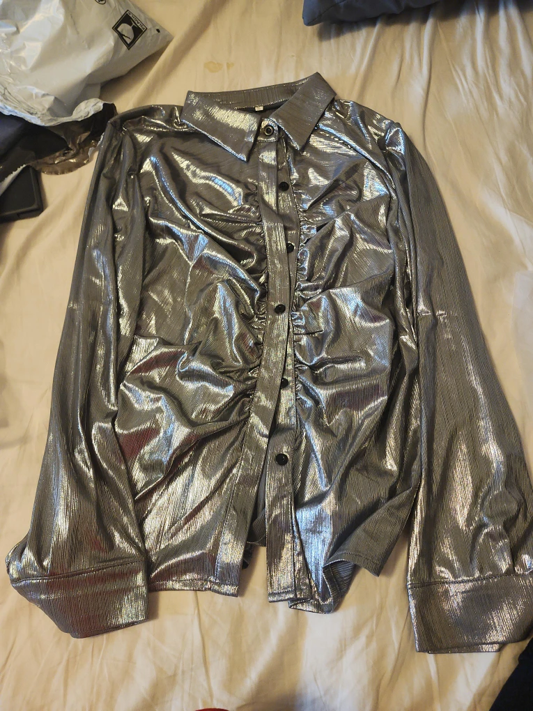 Silver Metallic Ruched Button-Up Shirt
