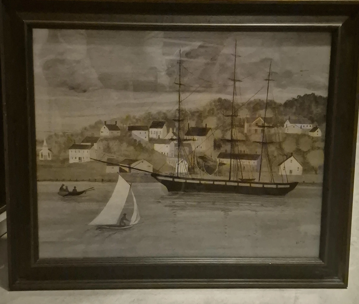 Framed Ship and Village Painting