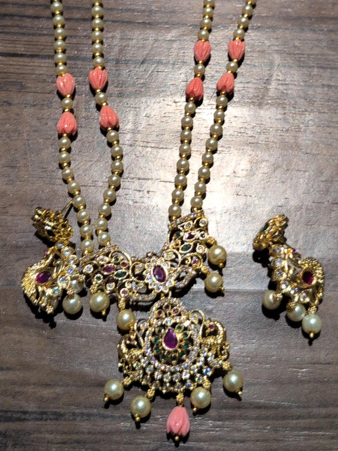 Gold Pearl Necklace and Earring Set with Pink Accents