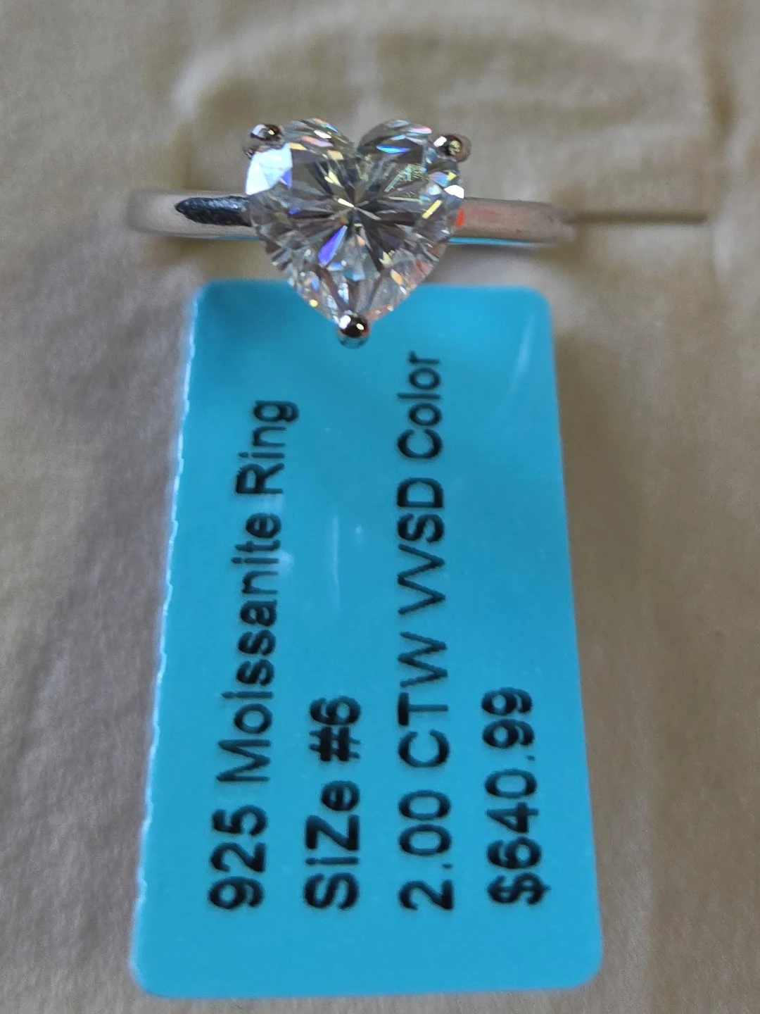 925 Silver Moissanite Heart Ring - Size 6  2carats
