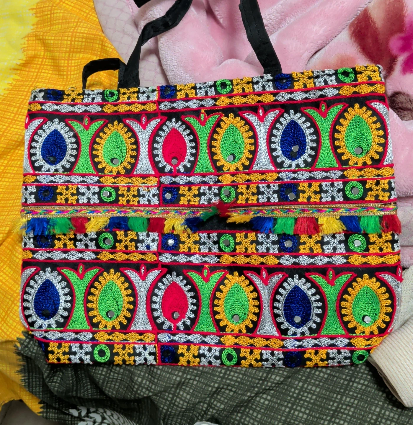 Embroidered Tote Bag with Tassels