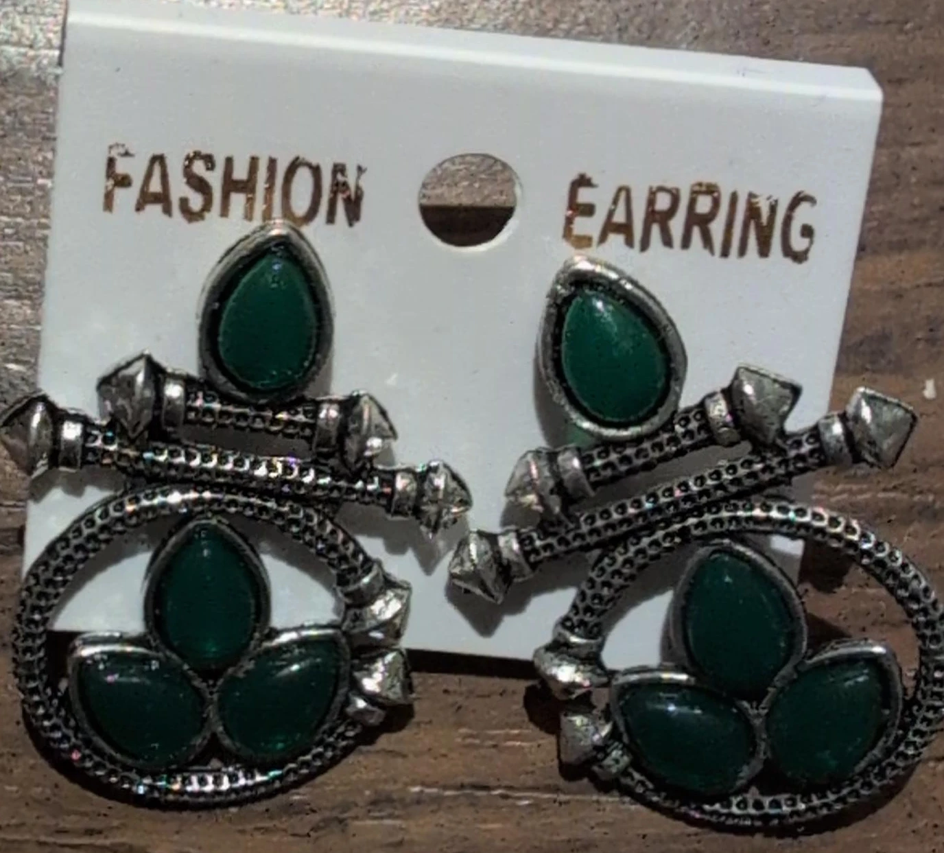 Silver Tone Fashion Earrings with Green Stones