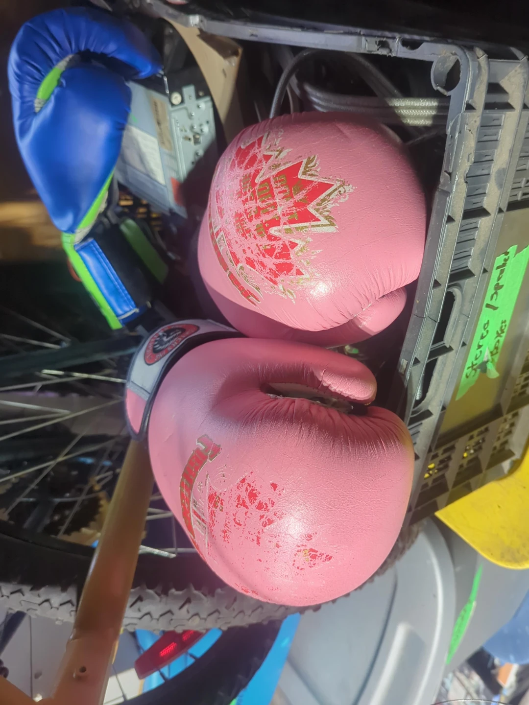 Pink boxing gloves with Canadian maple leaf