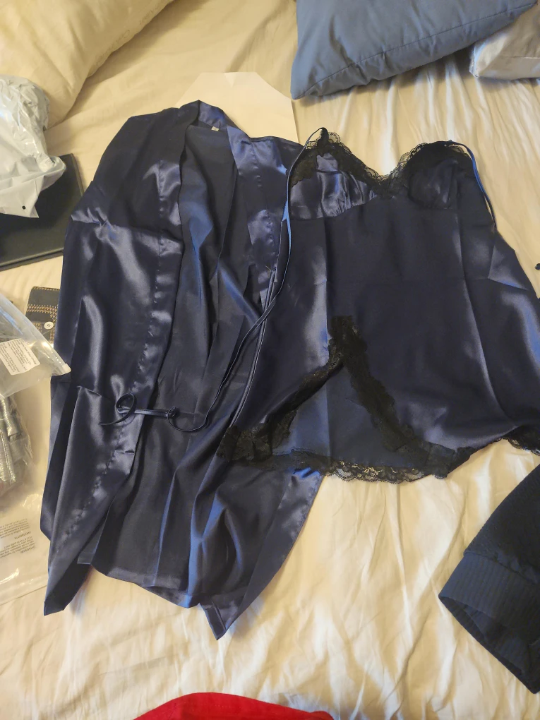 Navy Satin Robe and Camisole Set with Black Lace Trim