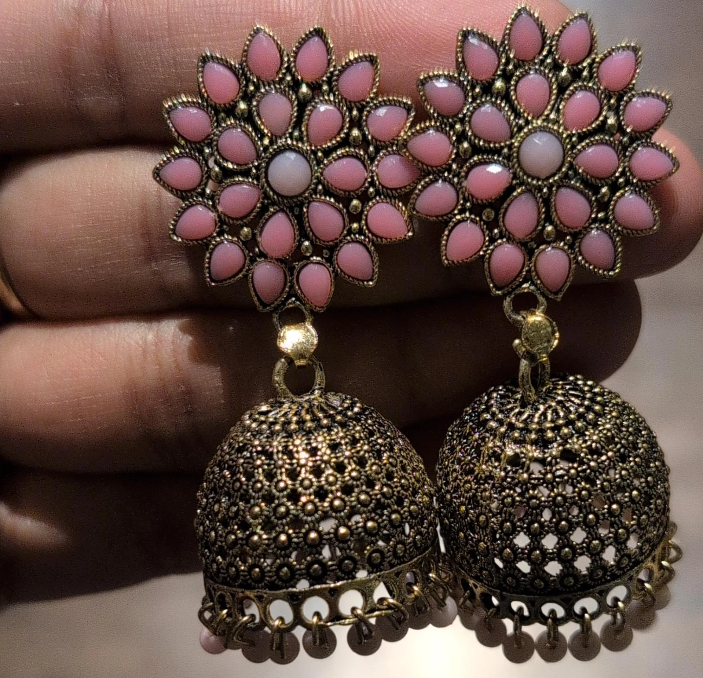 Pink and Gold Jhumka Earrings