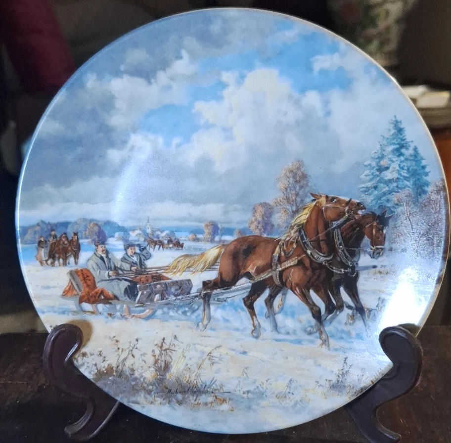 Decorative Plate with Horse-Drawn Sleigh Scene