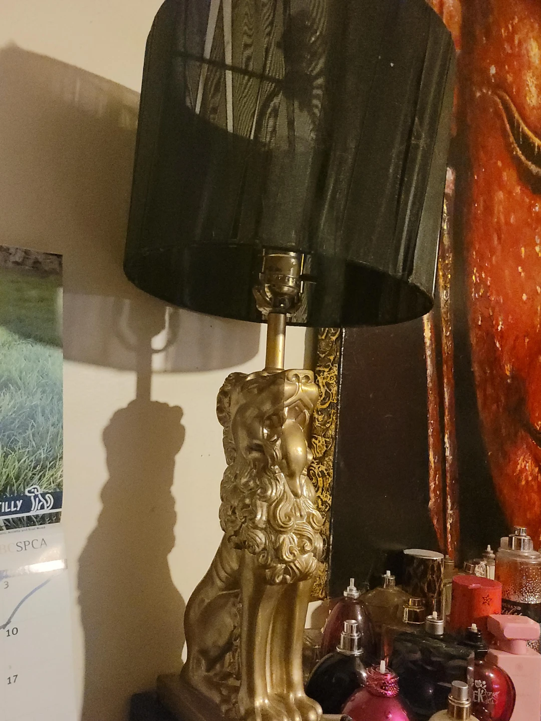 Pair Lion Statue Lamp with Black Shade