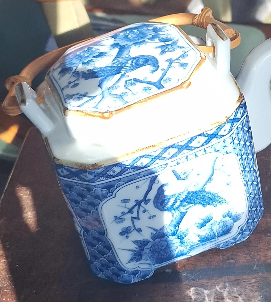 Vintage Japanese Ceramic Teapot with Bamboo Handle