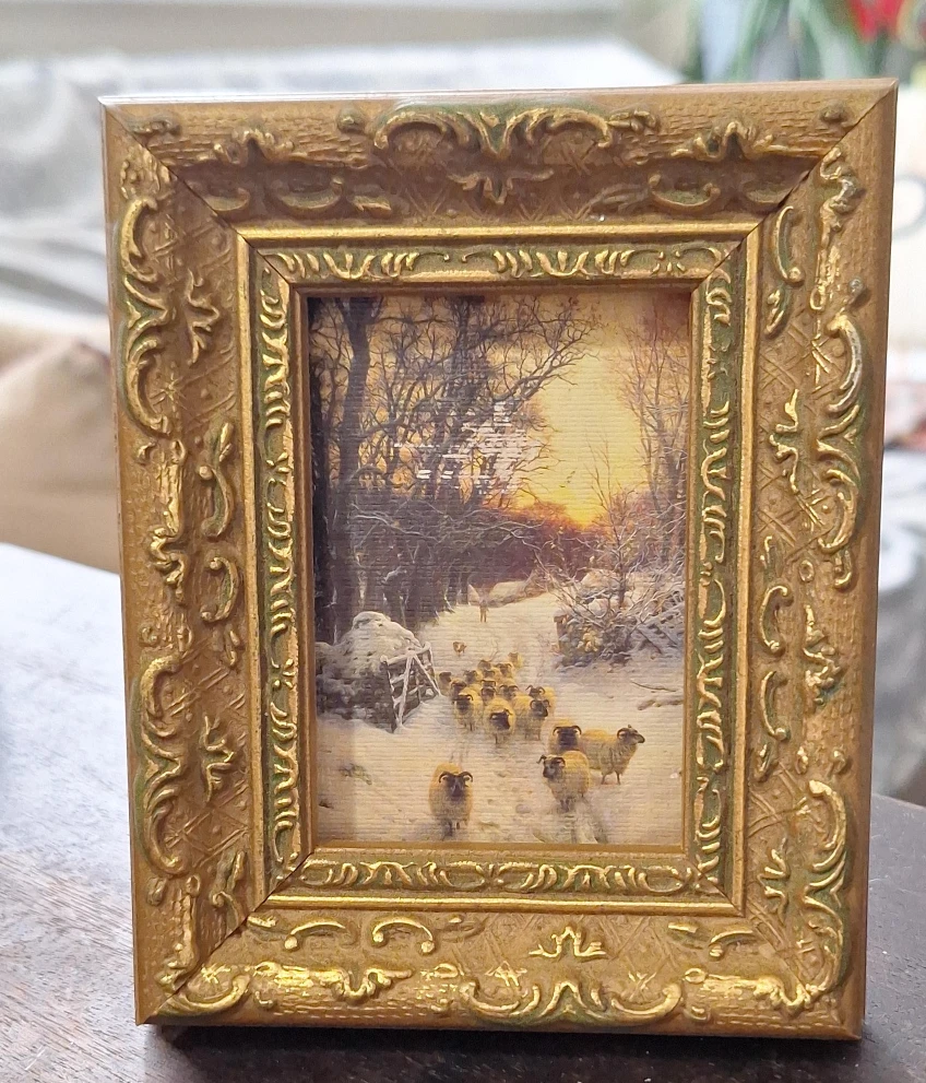 Vintage Ornate Gold Tone Framed Sheep in Snow Print