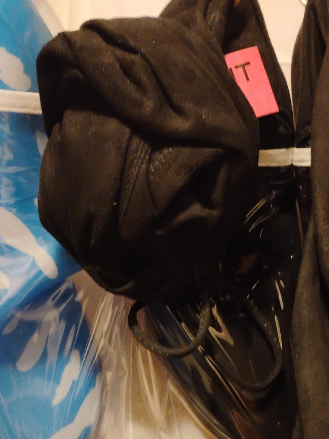 Black Patent Leather Shoes with Pink "T" Tag