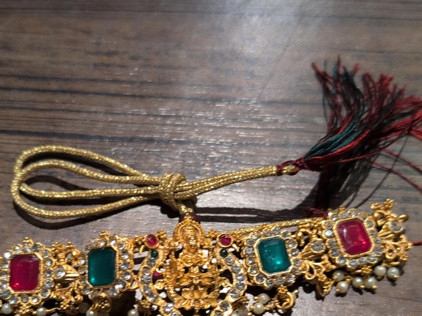 Gold-toned Choker Necklace with Red, Green, and White Stones