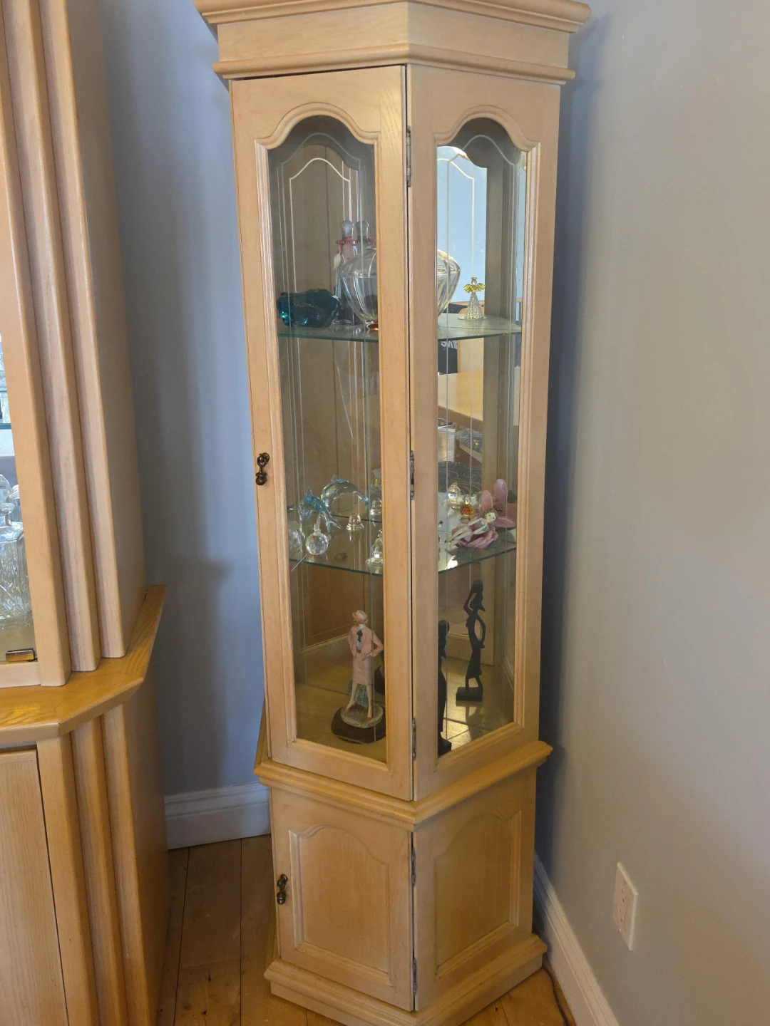Light Wood Corner Curio Cabinet with Glass Doors
