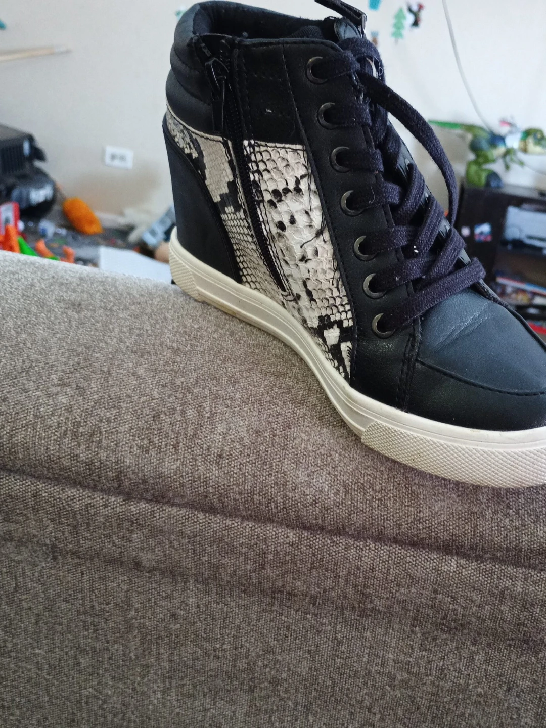 Black Wedge High-Top Sneakers with Snakeskin Detail