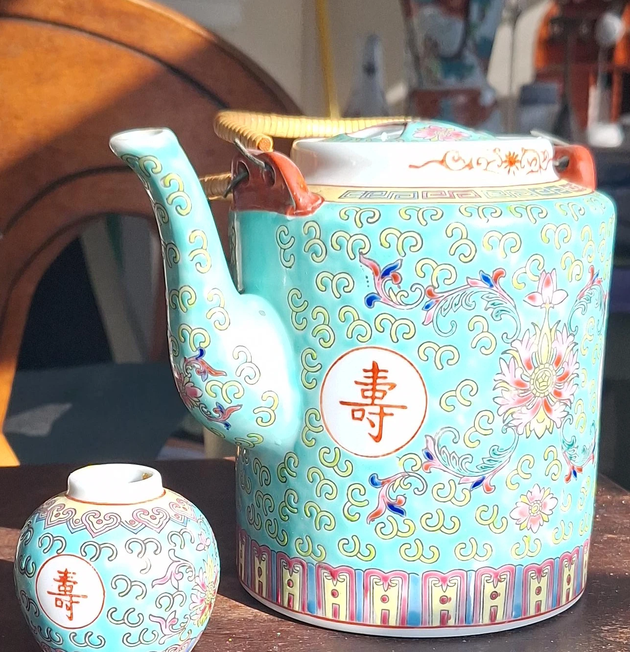 Vintage Asian Turquoise Floral Teapot Set