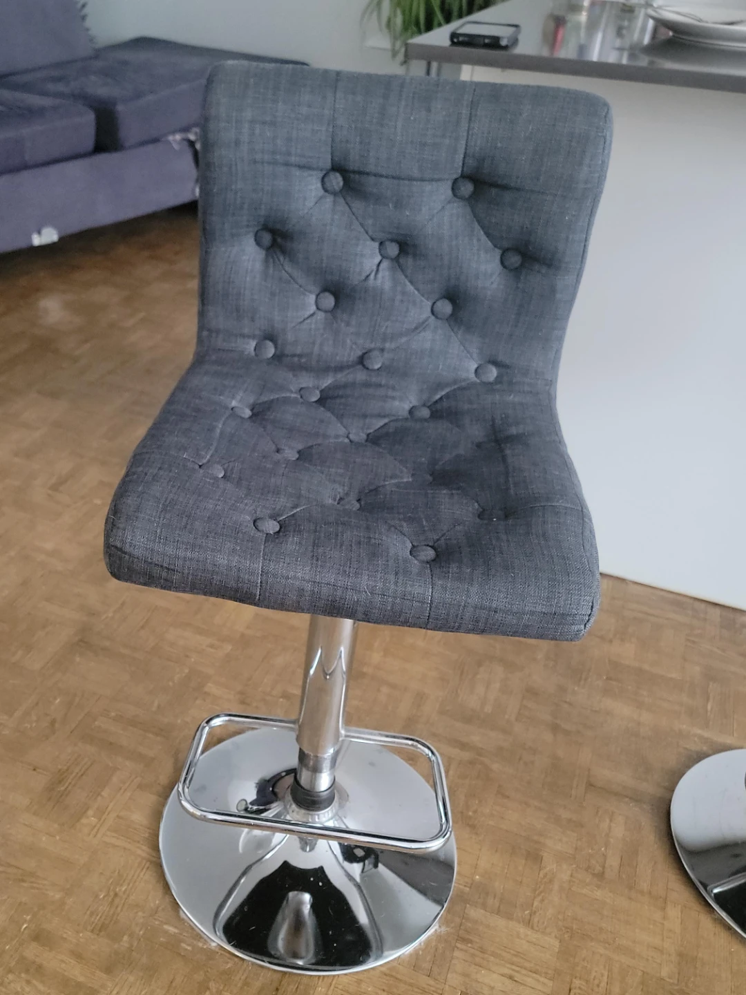 Adjustable Grey Fabric Tufted Bar Stool
