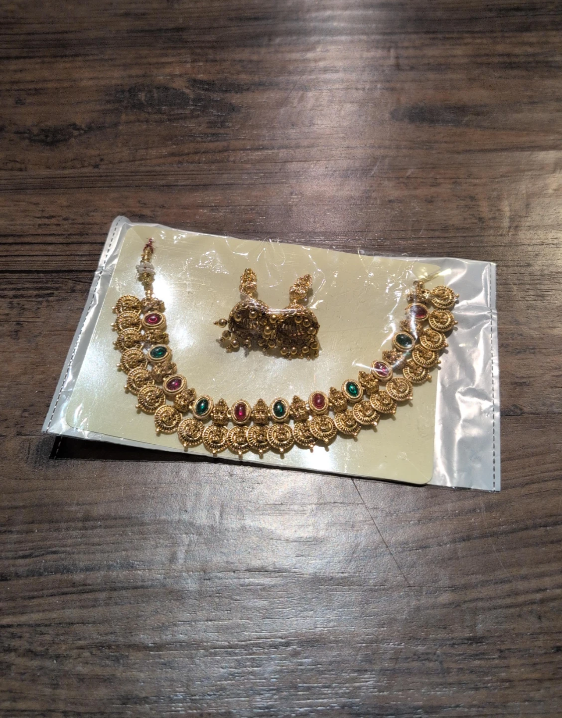 Gold Tone Necklace and Earrings Set with Red and Green Stones