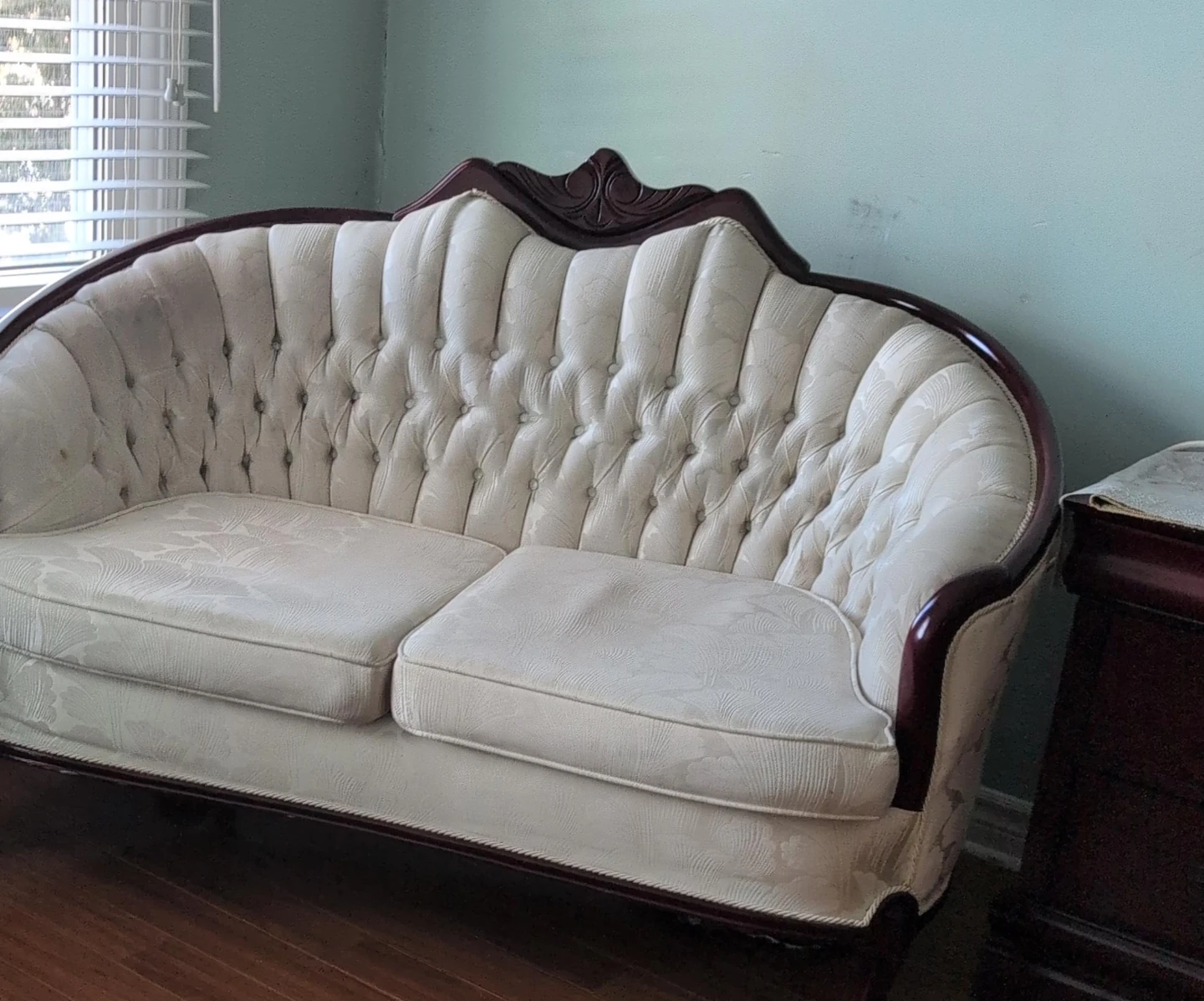Vintage Tufted Loveseat Sofa - White Brocade pick up as