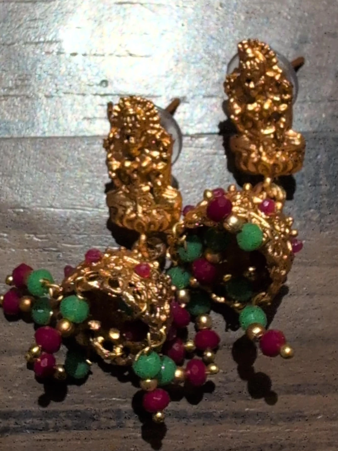 Gold Tone Jhumka Earrings with Green and Red Beads