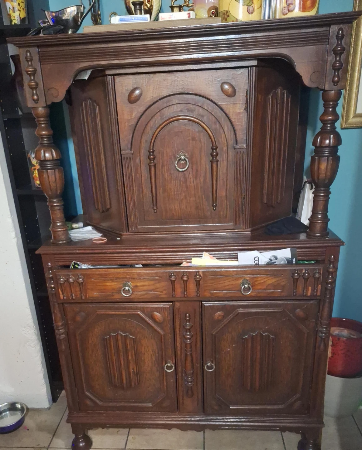 Antique Wooden Hutch with Cabinet and Drawers