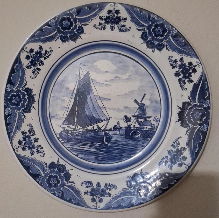 Blue and White Decorative Plate with Sailboat and Windmill Scene