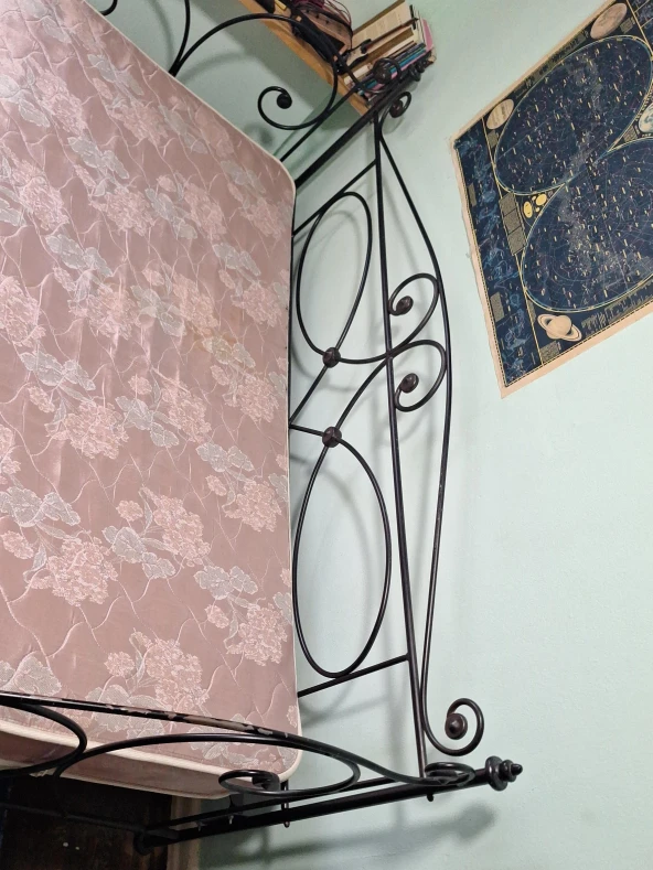 Black Metal Bed Frame with Pink Floral Mattress