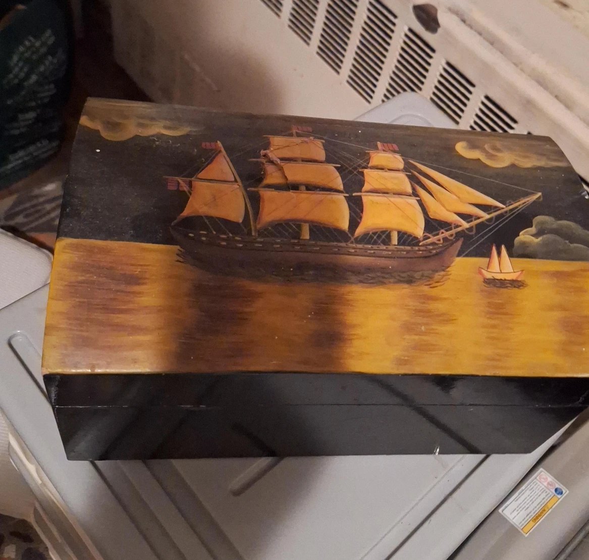 Vintage Wooden Box with Ship Painting