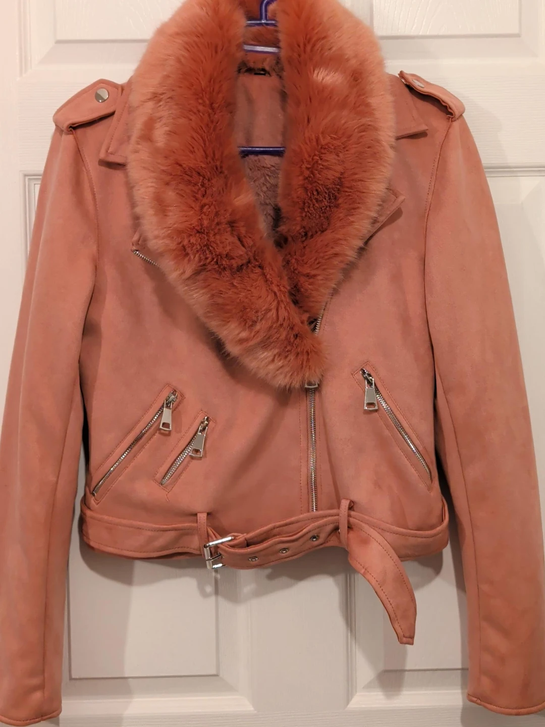 Pink Faux Suede Moto Jacket with Fur Collar