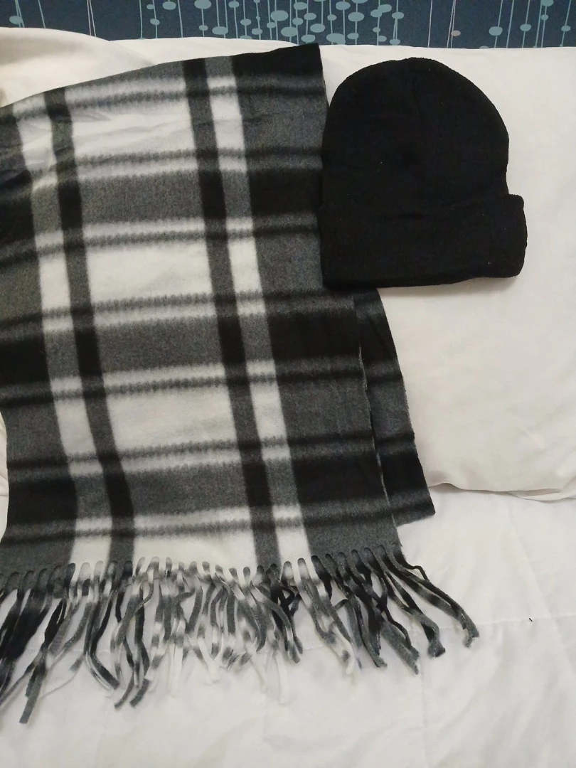 Black Beanie and Plaid Scarf Set