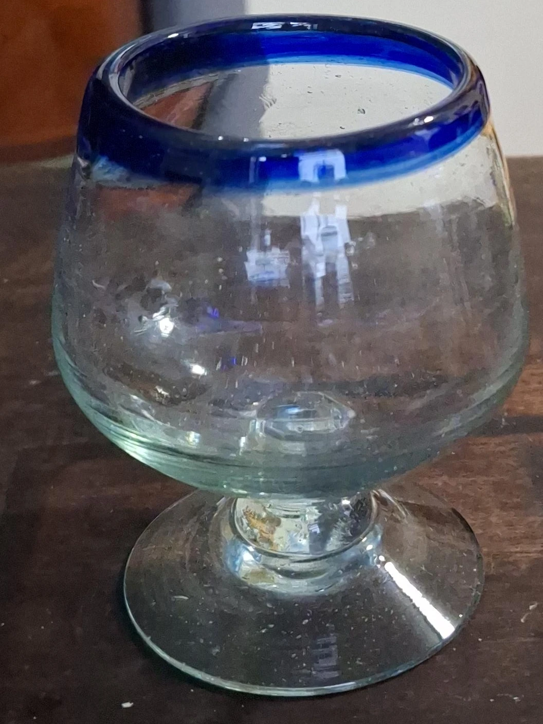 Hand Blown Mexican Drinking Glass with Cobalt Blue Rim