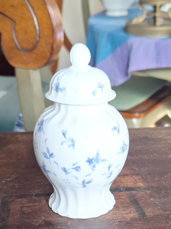 White Ceramic Jar with Blue Floral Design