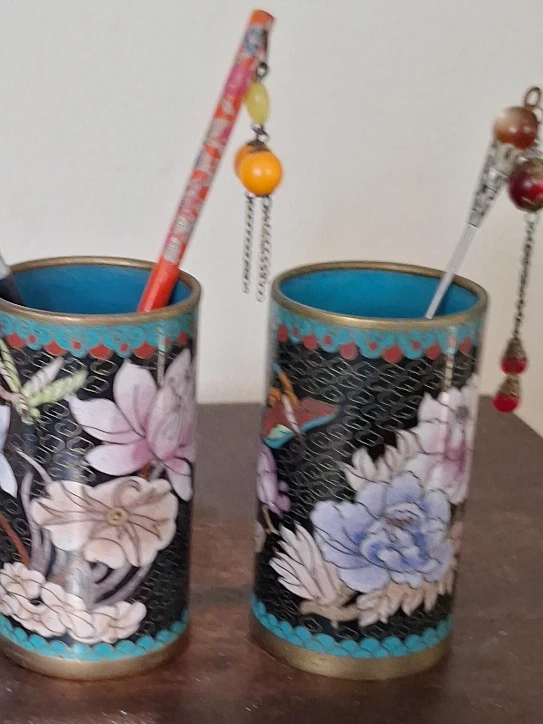 Cloisonné Enamel Floral Design Brush Pots (Set of 2)