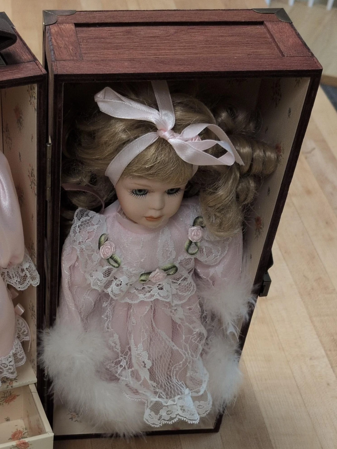 Porcelain Doll in Wooden Display Case