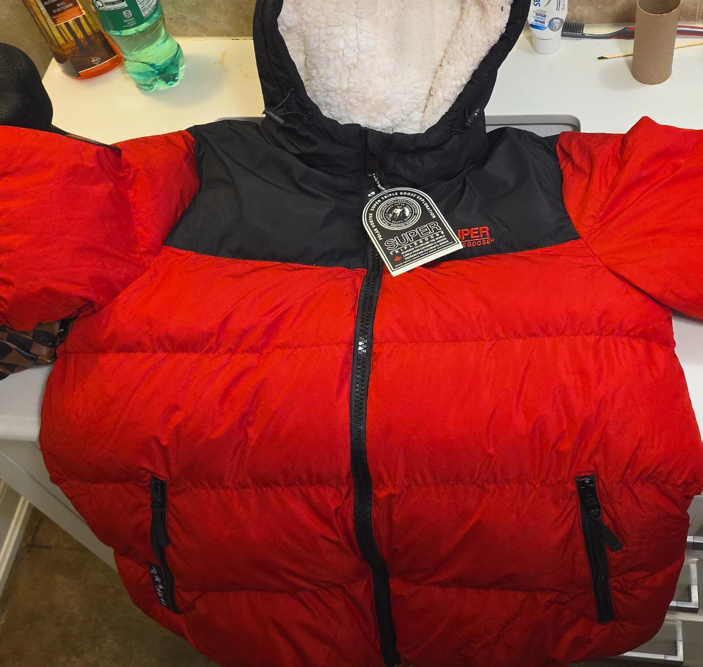 Super Triple Goose Puffer Jacket Red Black