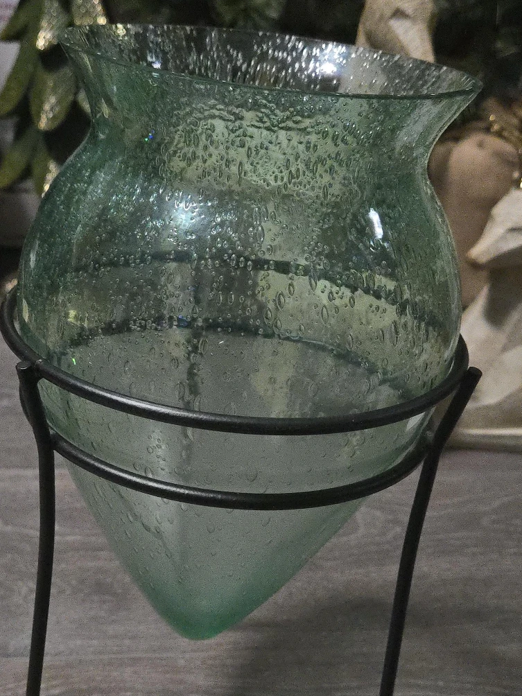 Green Glass Vase with Metal Stand - photo 2