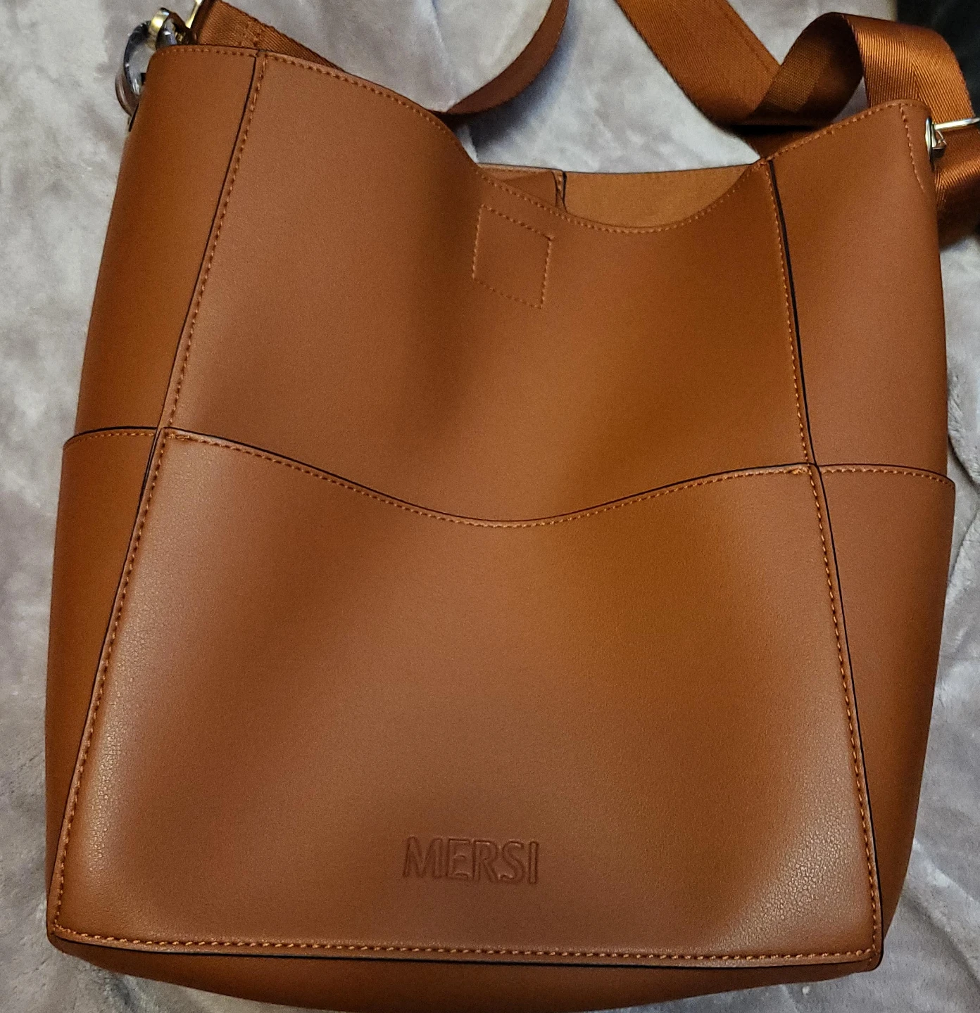 Mersi Vegan Leather Brown Bucket Bag - New