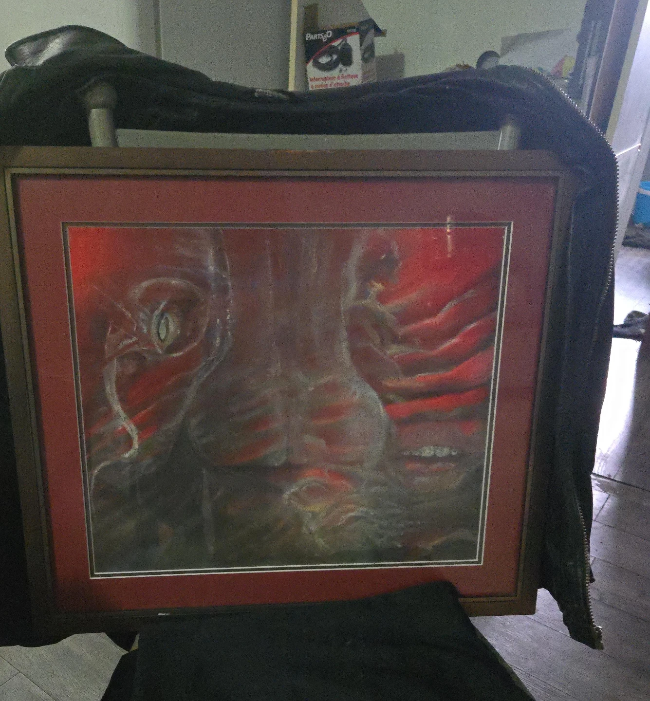 Framed Artwork with Abstract Red and Grey Design