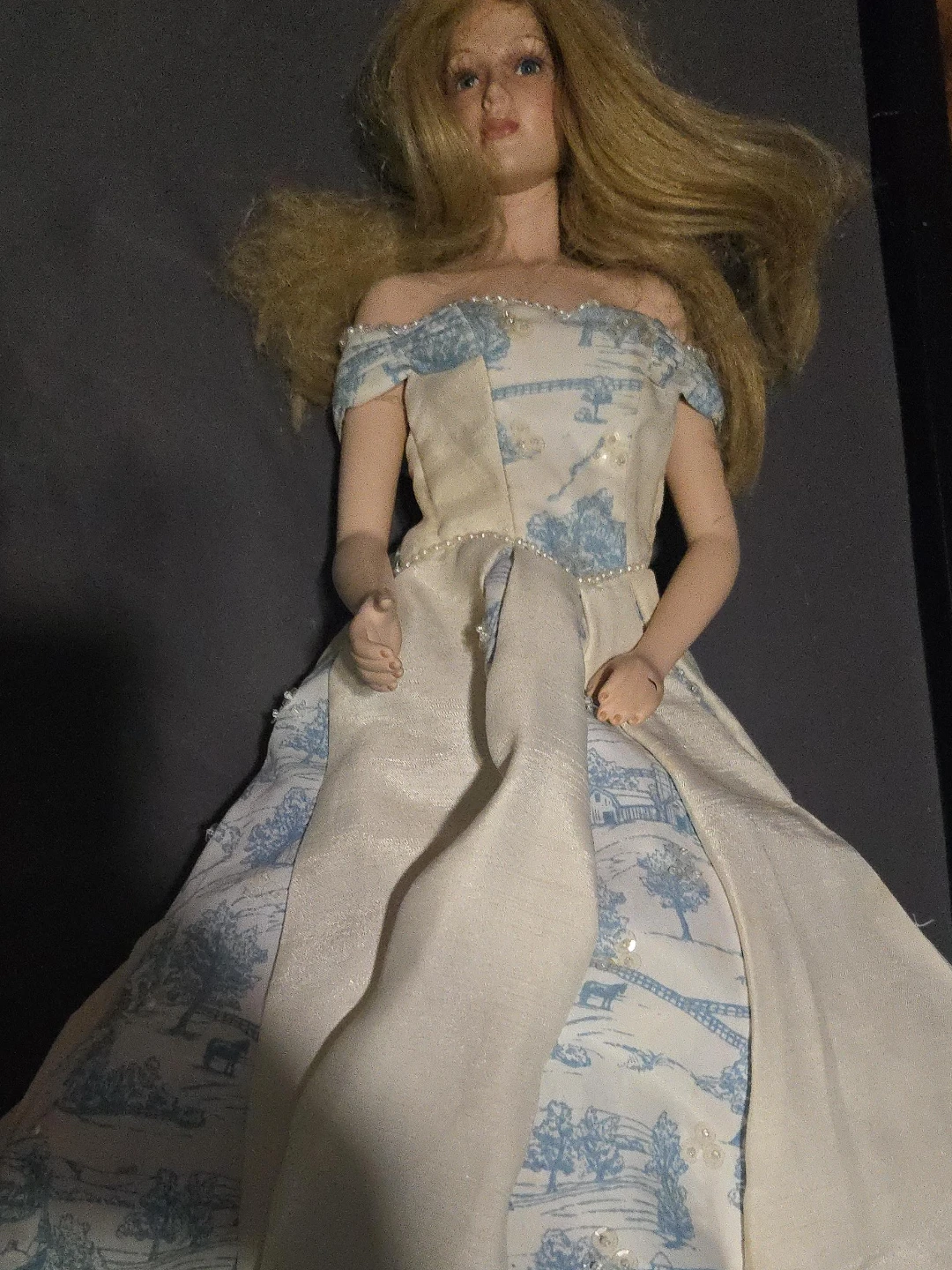 Porcelain Doll in Blue and White Toile Dress
